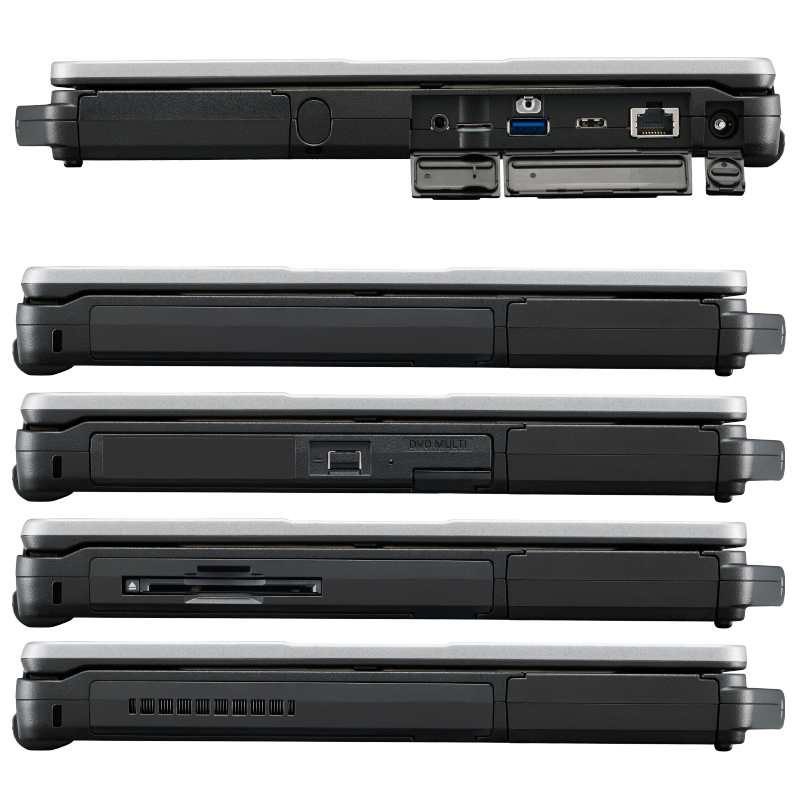SANTIA Toughbook FZ55-MK1 HD PC portable durci IP53 Toughbook 55 (FZ55) 14.0" - Vues de droite et de gauche (baie média modulaire)